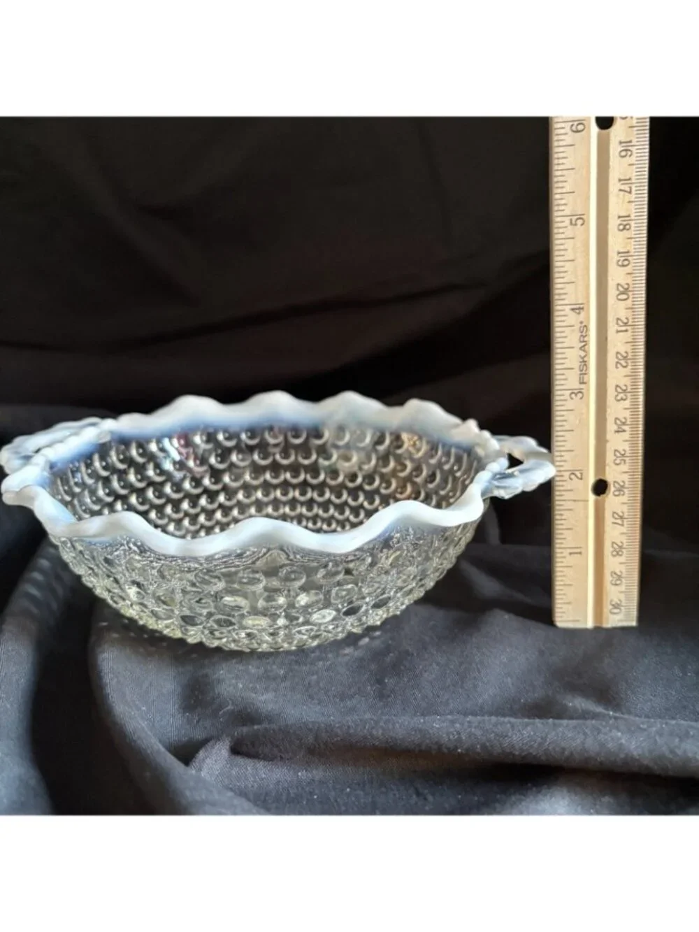 FENTON Vintage Opalescent Moonstone Bowl with Handles Ruffled Hobnail 7 in